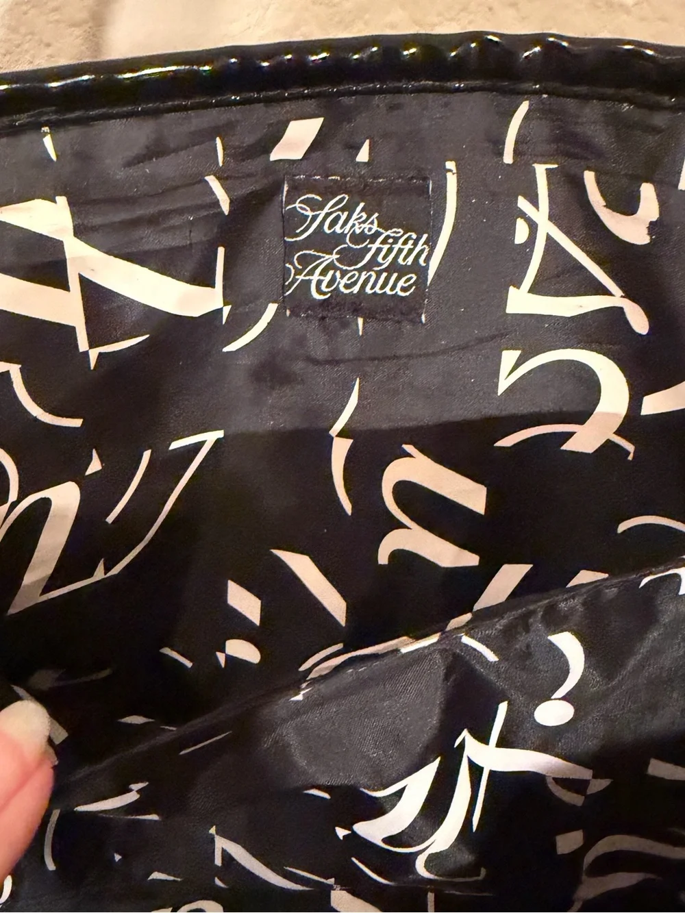 Saks Fifth Avenue Black Nylon Tote with Patent Trim
